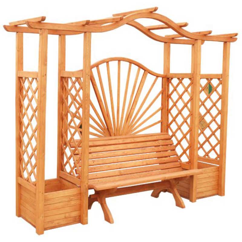 drevená pergola s lavičkou svetlohnedá, drevená pergola, drevená pergola s lavičkou, pergola z dreva, pergola s lavičkou a kvetináčmi, pergola s kvetináčmi