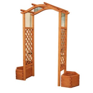 drevená pergola, pergola z dreva, svetlohnedá pergola, pergola s kvetináčmi, pergola, pergoly, drevené pergoly, pergoly z dreva, drevená pergola s kvetináčmi 90x50cm